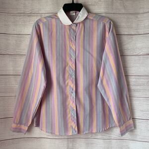 Vintage Colorful Striped Button Up Shirt with White Peter Pan Collar Size 12